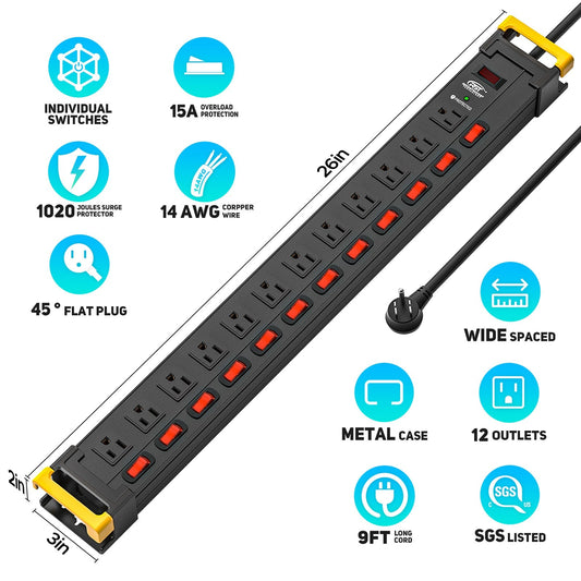 CRST 12-Outlet Metal Power Strip Surge Protector with Individual Switches, 1020 Joules, 9ft Heavy Duty 14AWG Cord, Dual Adjustable Cord Managers, Industrial Wall Mountable Power Bar for Workshop & Garage