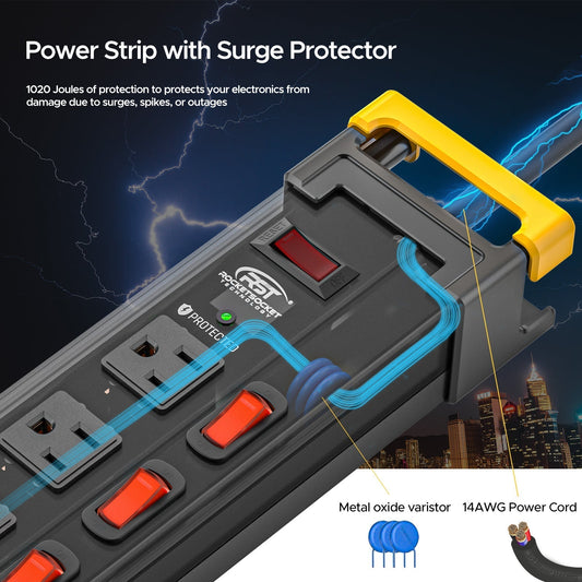 CRST 12-Outlet Metal Power Strip Surge Protector with Individual Switches, 1020 Joules, 9ft Heavy Duty 14AWG Cord, Dual Adjustable Cord Managers, Industrial Wall Mountable Power Bar for Workshop & Garage